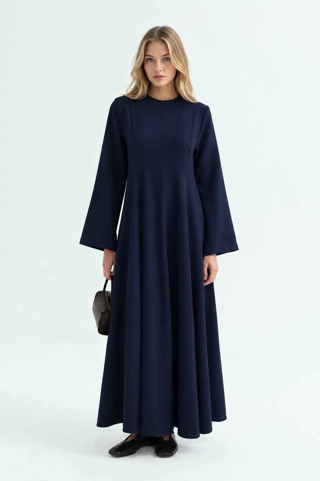 Modest maxi jurk donkerblauw met lange mouwen en A-lijn pasvorm