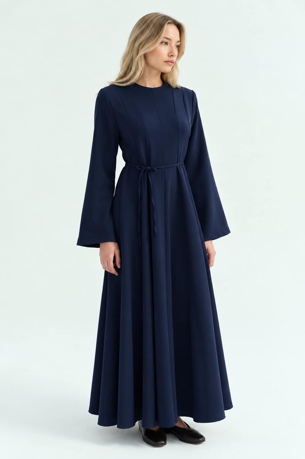 Lange donkerblauwe jurk dames 140 cm met taille riem