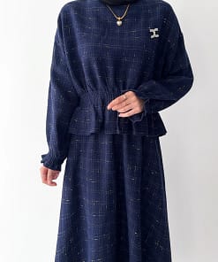 Tweed Co-ord Set Donkerblauw – Elegante Modest Set Dames