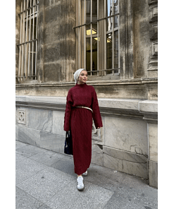 Gebreide Maxi Jurk Bordeaux – Elegante Modest Jurk
