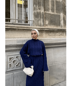 Gebreide Maxi Jurk Blauw – Comfortabele Modest Jurk