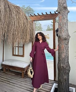 Katoenen Jurk met Strikdetail Bordeaux – Elegante Modest Jurk