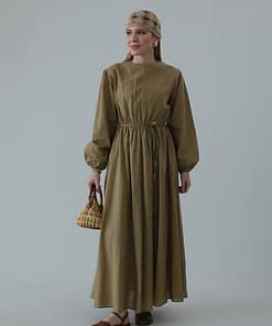 Linnen Jurk Khaki – Modest Lange Jurk Dames