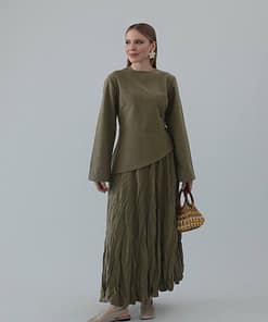 Linnen Asymmetrisch Twinset Khaki – Modest Linnen Set Dames
