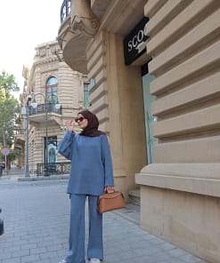 Gebreide Twinset Blauw – Warme Modest Set Dames