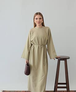 olijfgroene jurk met taillekoord dames