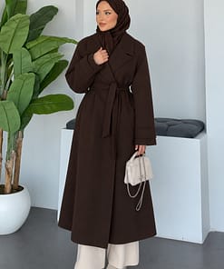 Lange donkerbruine oversized mantel dames met ceintuur 130 cm