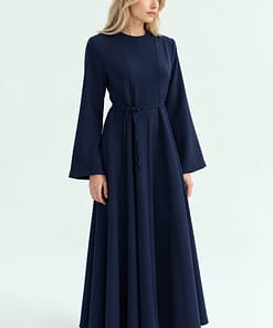 Lange donkerblauwe jurk dames 140 cm met taille riem