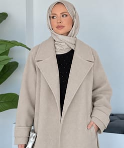 Elegante beige mantel dames 130 cm met ceintuur